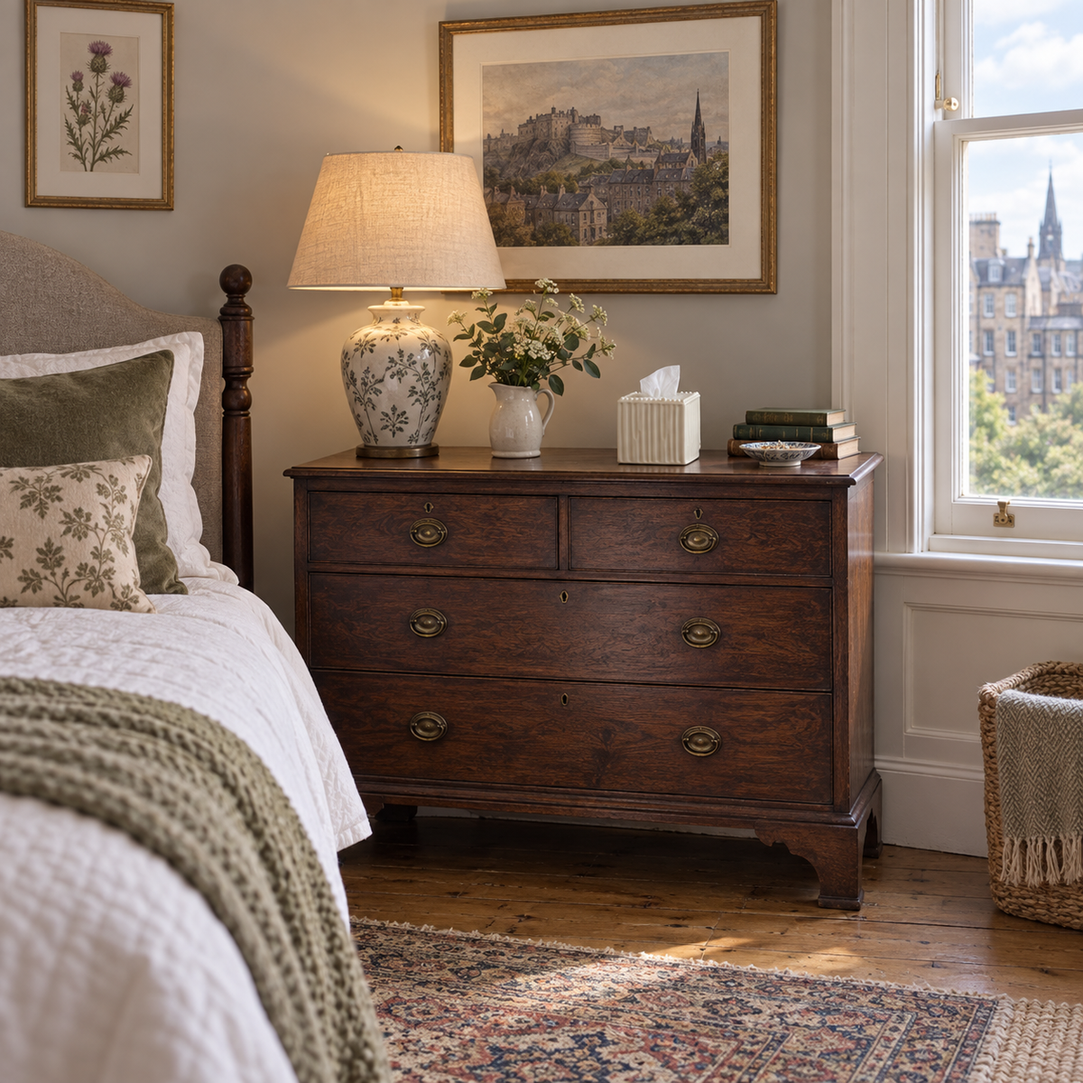 Cube pearl-rim tissue cover on a dark oak dresser in an Edinburgh guest bedroom.