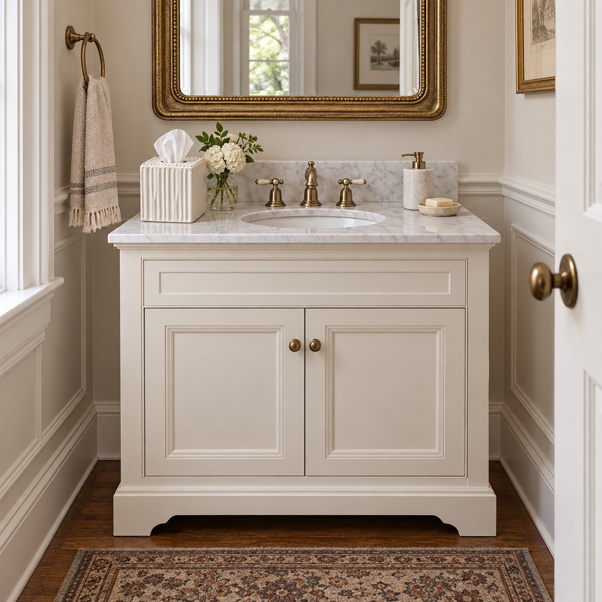 Cube fluted tissue cover beside the basin on a vanity in a townhouse powder room.