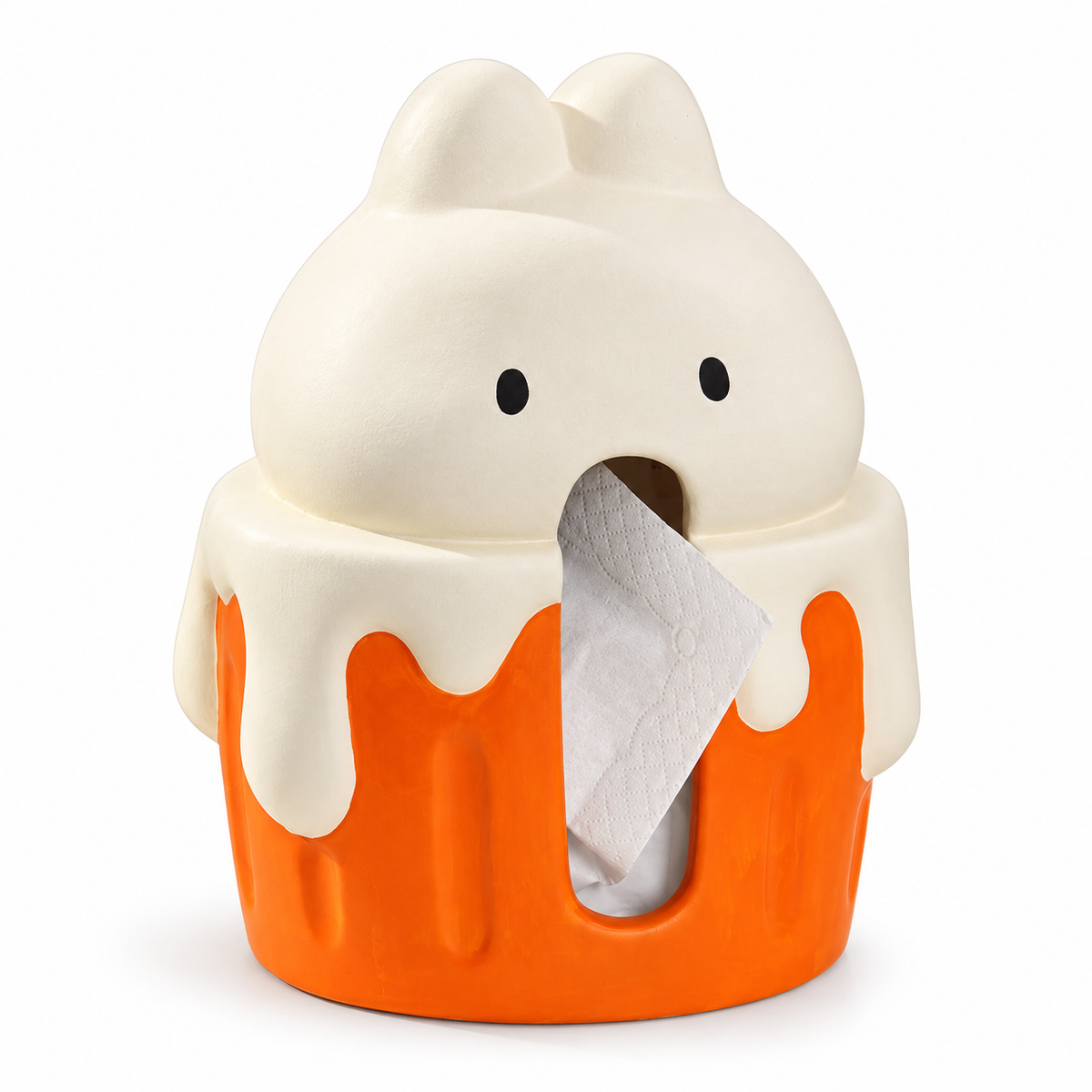 Cache-boîte à mouchoirs en céramique en forme de lapin crème sur un cupcake orange, avec ouverture à l’avant