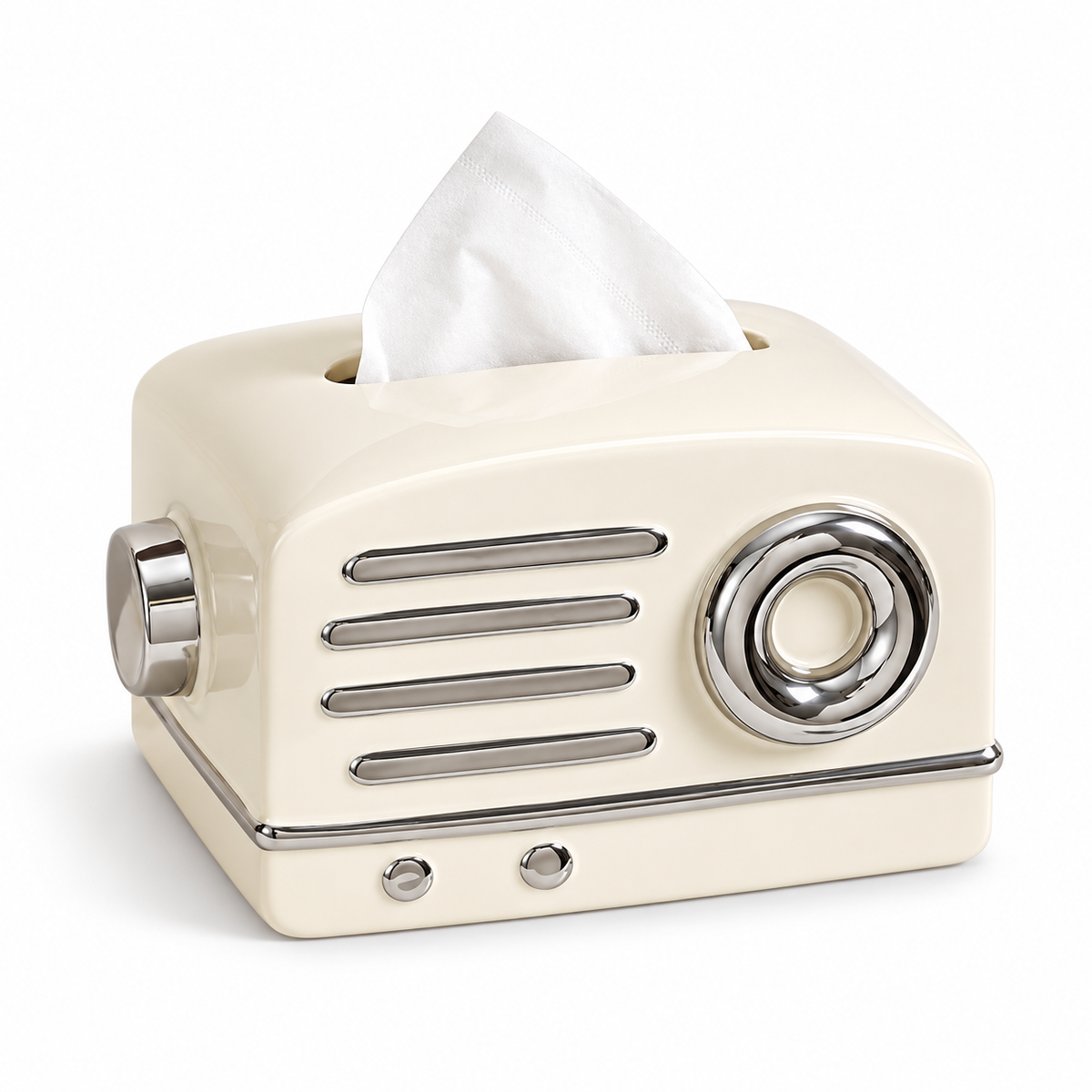 Cream ceramic radio tissue box cover with four silver bars and a concentric chrome dial.