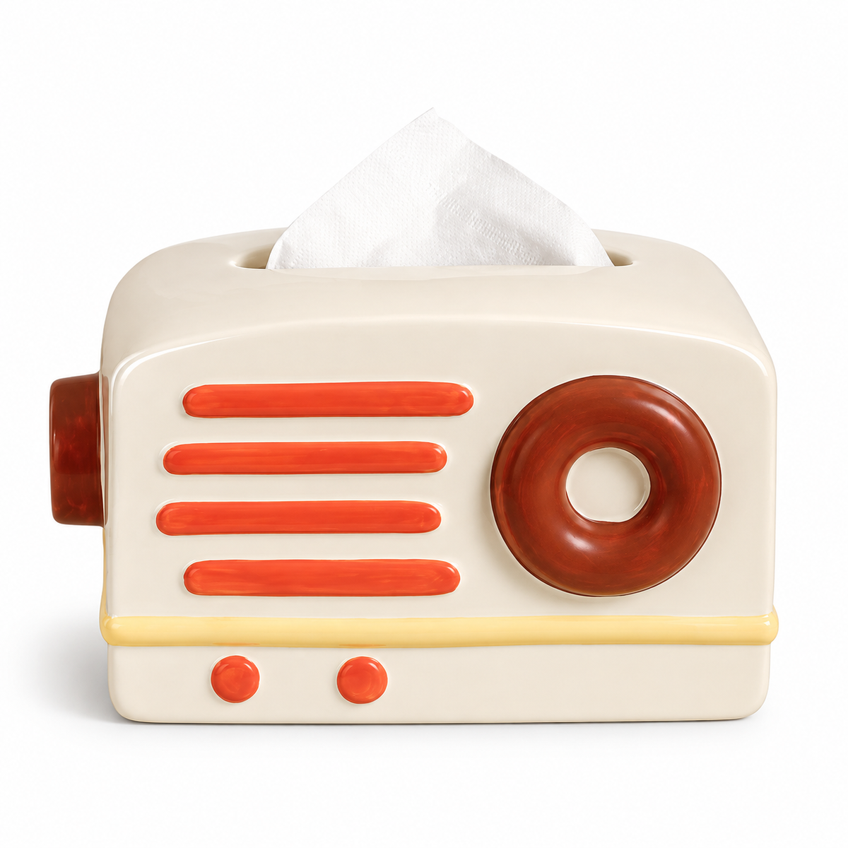 Cream ceramic radio tissue box cover with four coral bars and a brown circular dial.