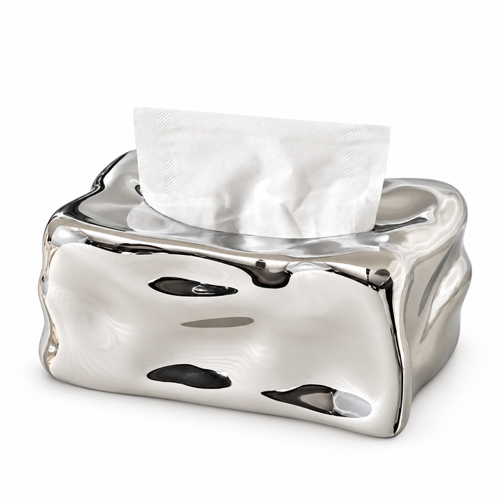Liquid Chrome wavy ceramic tissue box cover with irregular silver reflections on a white background.