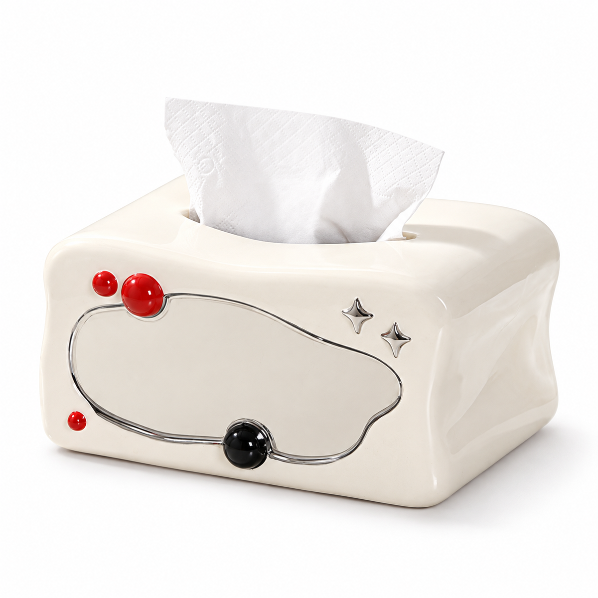 Ivory ceramic retro-TV tissue box cover with a silver outline, red dots, a black knob and two silver stars.