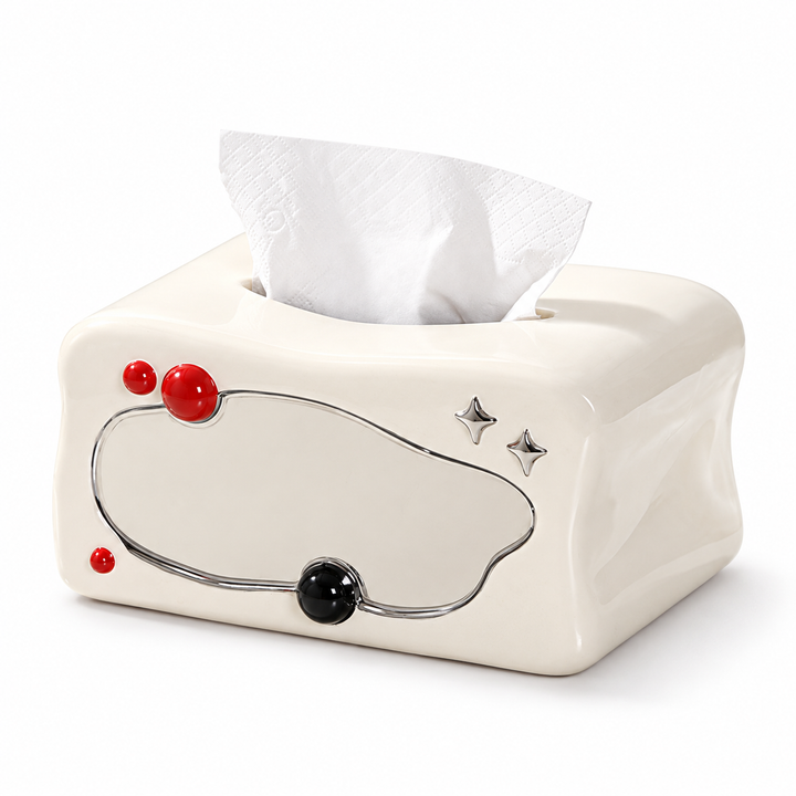 Ivory ceramic retro-TV tissue box cover with a silver outline, red dots, a black knob and two silver stars.