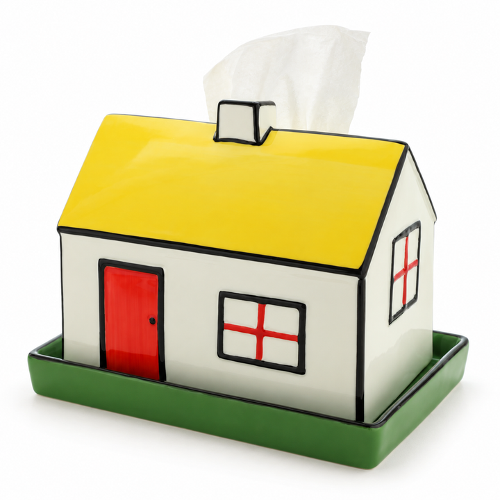 Yellow-roof ceramic house tissue box cover with red door and green base tray