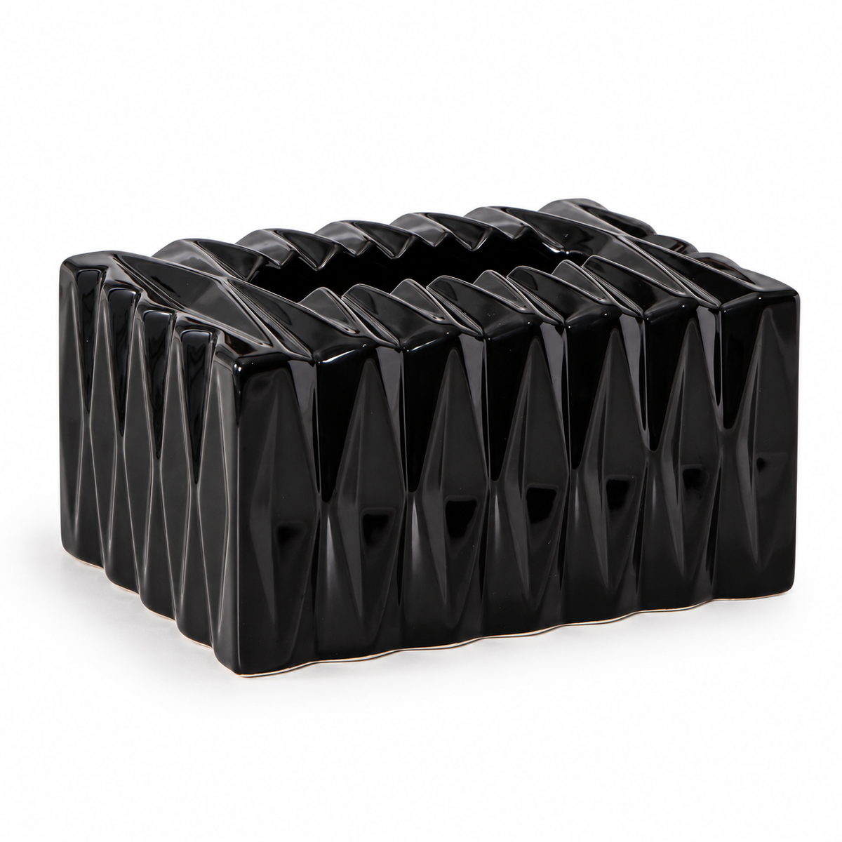 Black Large glossy faceted ceramic tissue box cover on a white background.