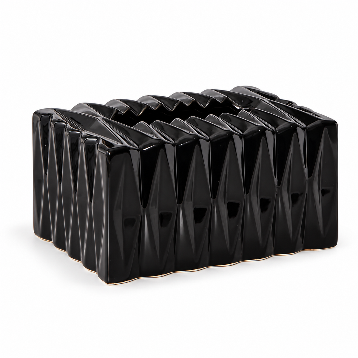 Black Small glossy faceted ceramic tissue box cover on a white background.