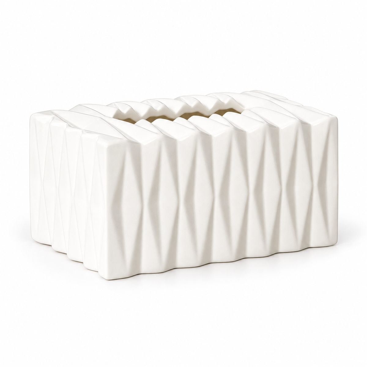 White Large glossy faceted ceramic tissue box cover on a white background.