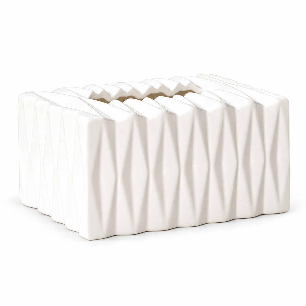 White Small glossy faceted ceramic tissue box cover on a white background.