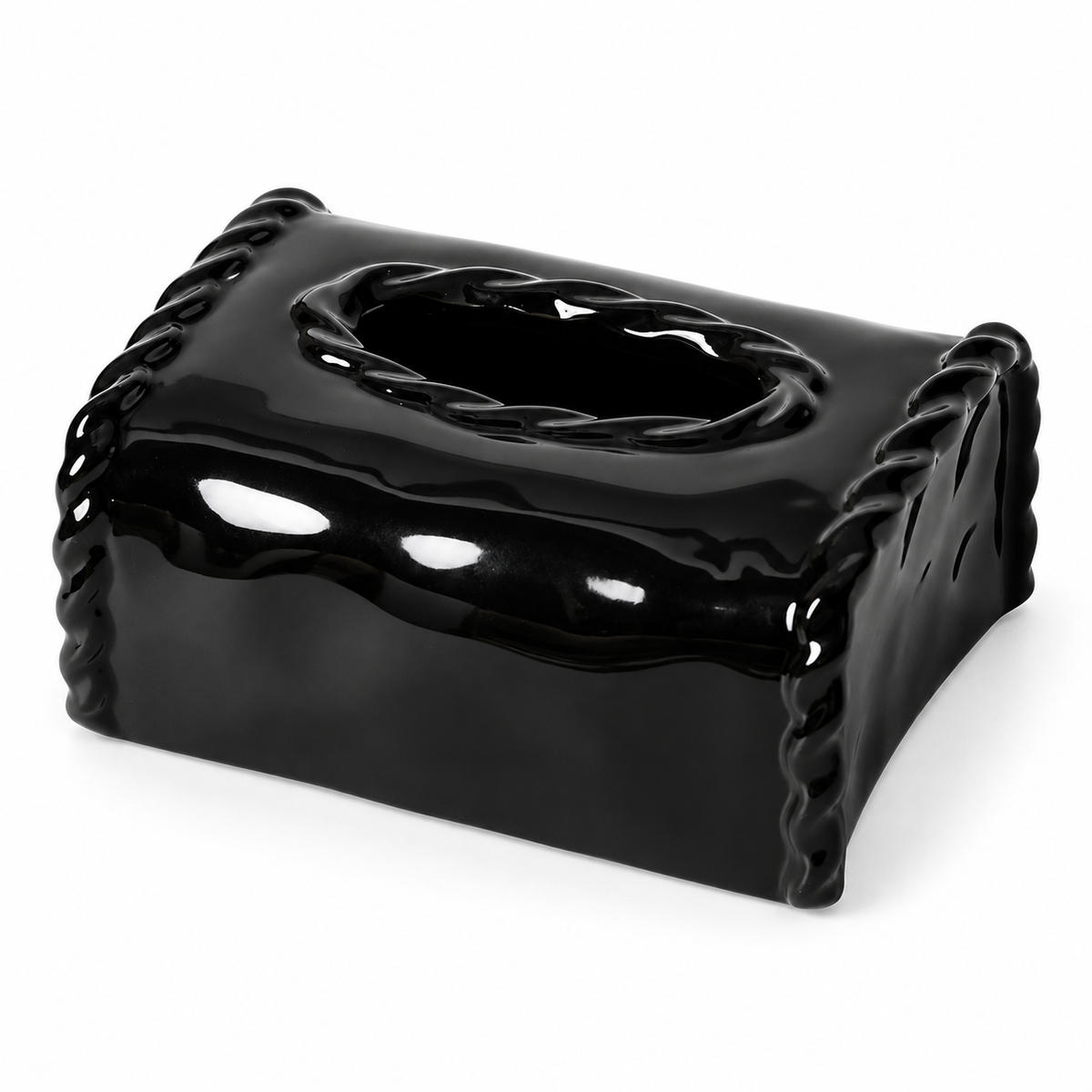 Glossy black ceramic tissue box cover with raised twist edges and oval opening on a white background.