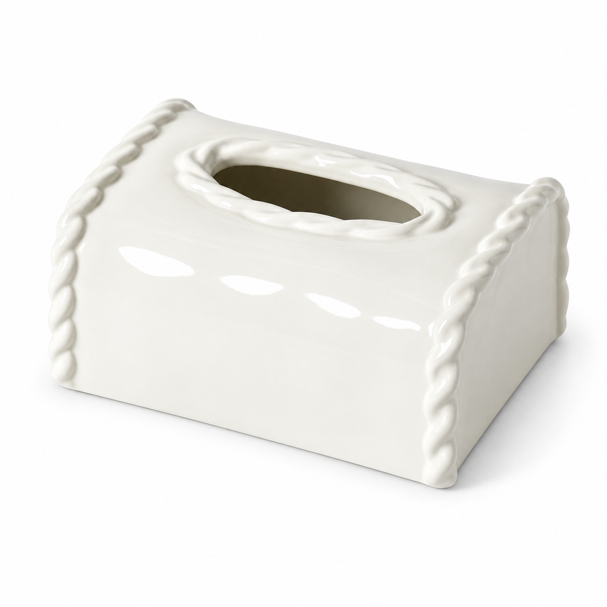 White glossy ceramic tissue box cover with sculpted twist edges and oval opening on a white background.