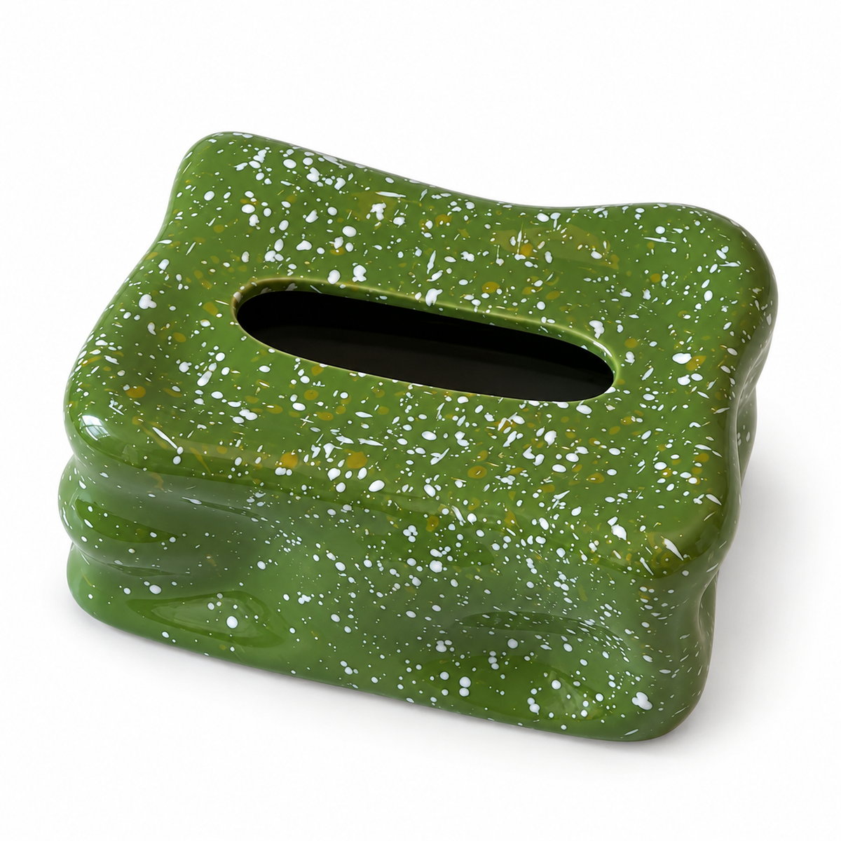 Olive-green ceramic tissue box cover with white speckles, two wavy folds and an empty oval top opening.