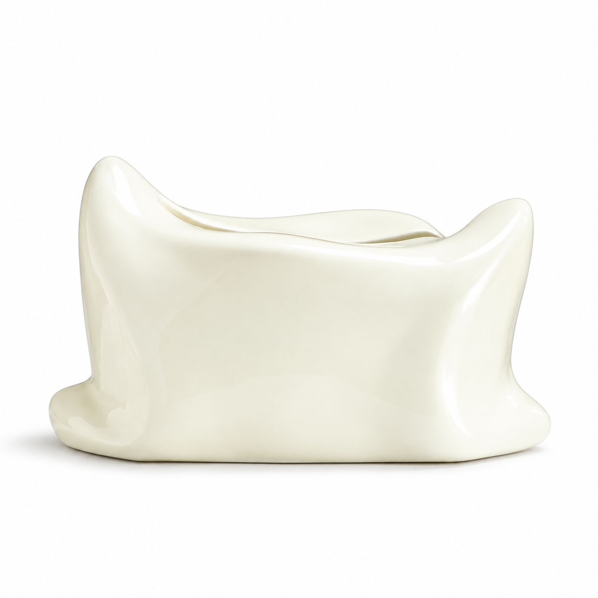 Cream-white pillow-shaped ceramic tissue box cover with a glossy finish and curled corners