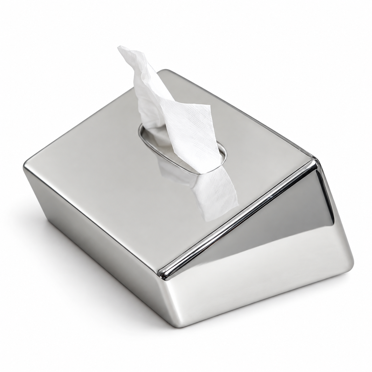 Mirror-silver sloped ceramic tissue box cover with a wedge-shaped top and one tissue opening