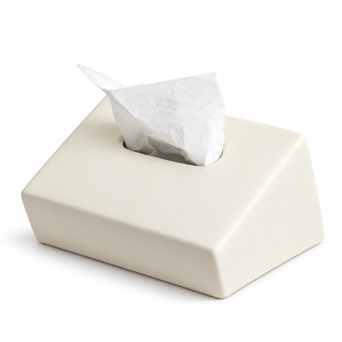 White sloped ceramic tissue box cover with a wedge-shaped top and one tissue opening