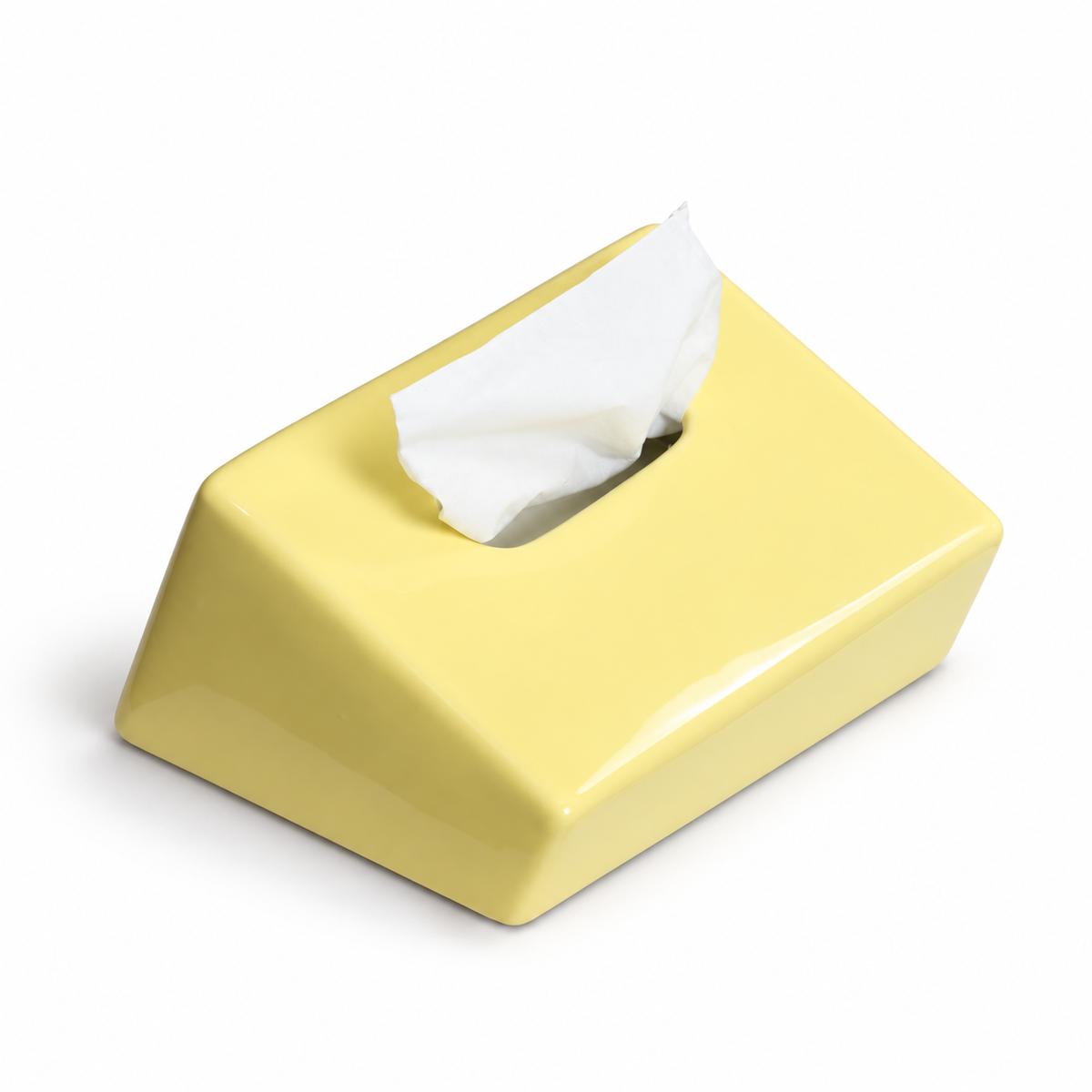Yellow sloped ceramic tissue box cover with a wedge-shaped top and one tissue opening