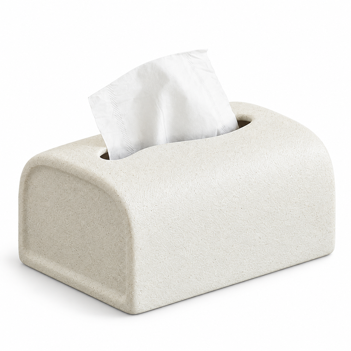 Textured off-white ceramic tissue box cover with an arched body and an elongated oval top opening.