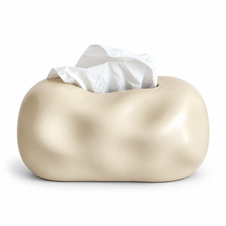 Beige organically shaped ceramic tissue cover on a white background.
