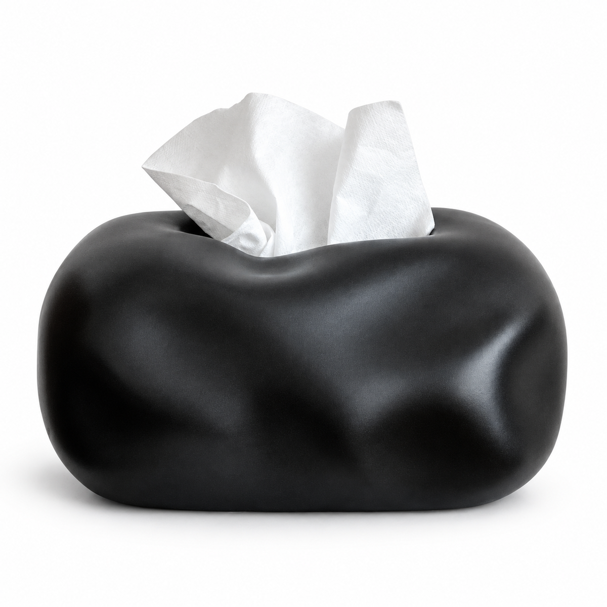 Black organically shaped ceramic tissue cover on a white background.