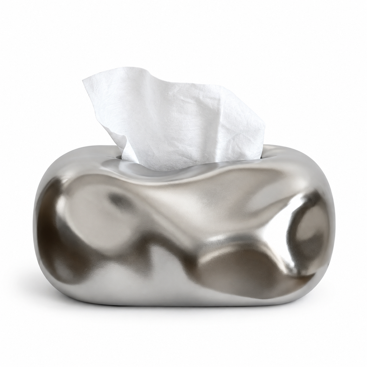 Silver organically shaped ceramic tissue cover on a white background.