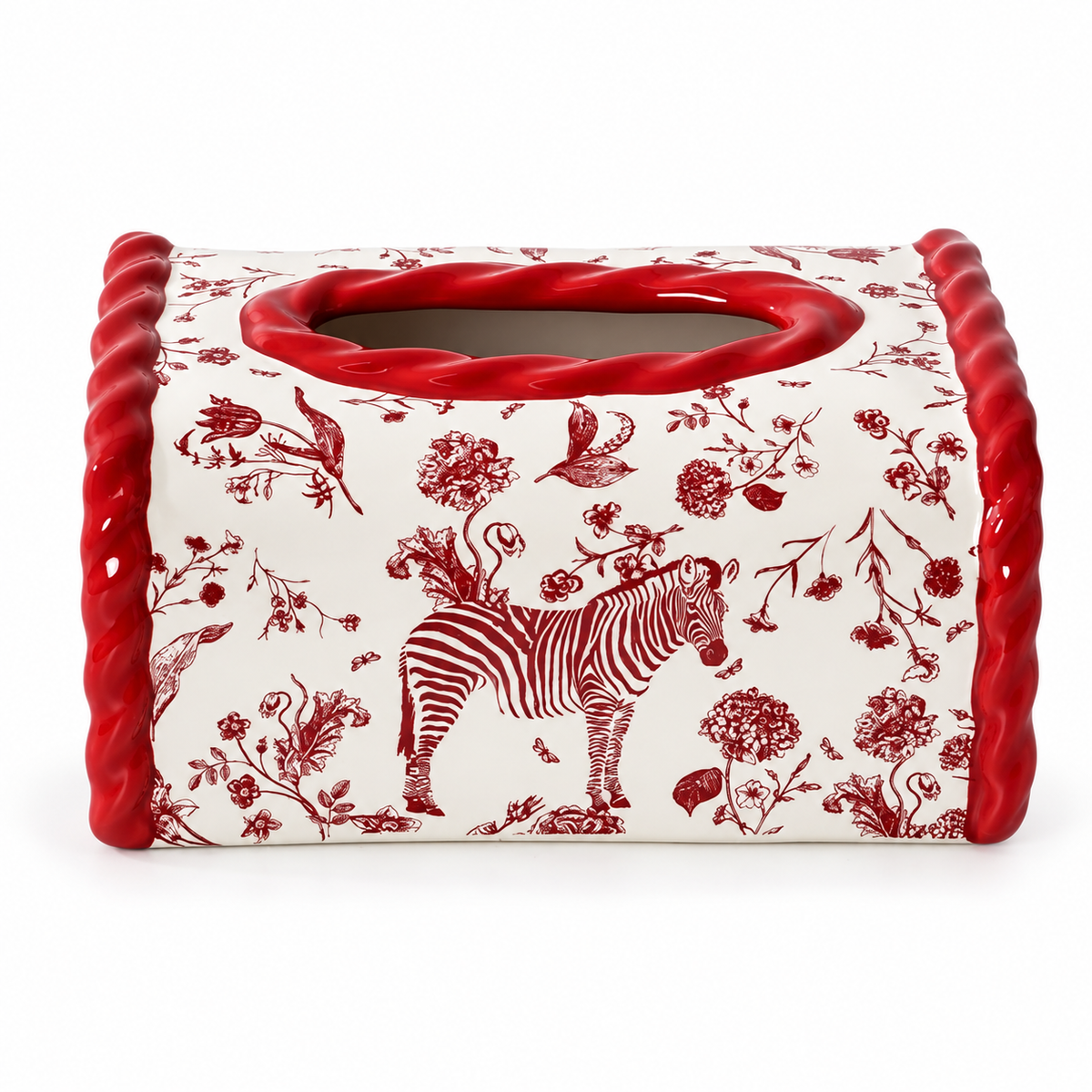 Zebra Motif ceramic tissue box cover with crimson glazed edges and red zebra illustration on a white background.