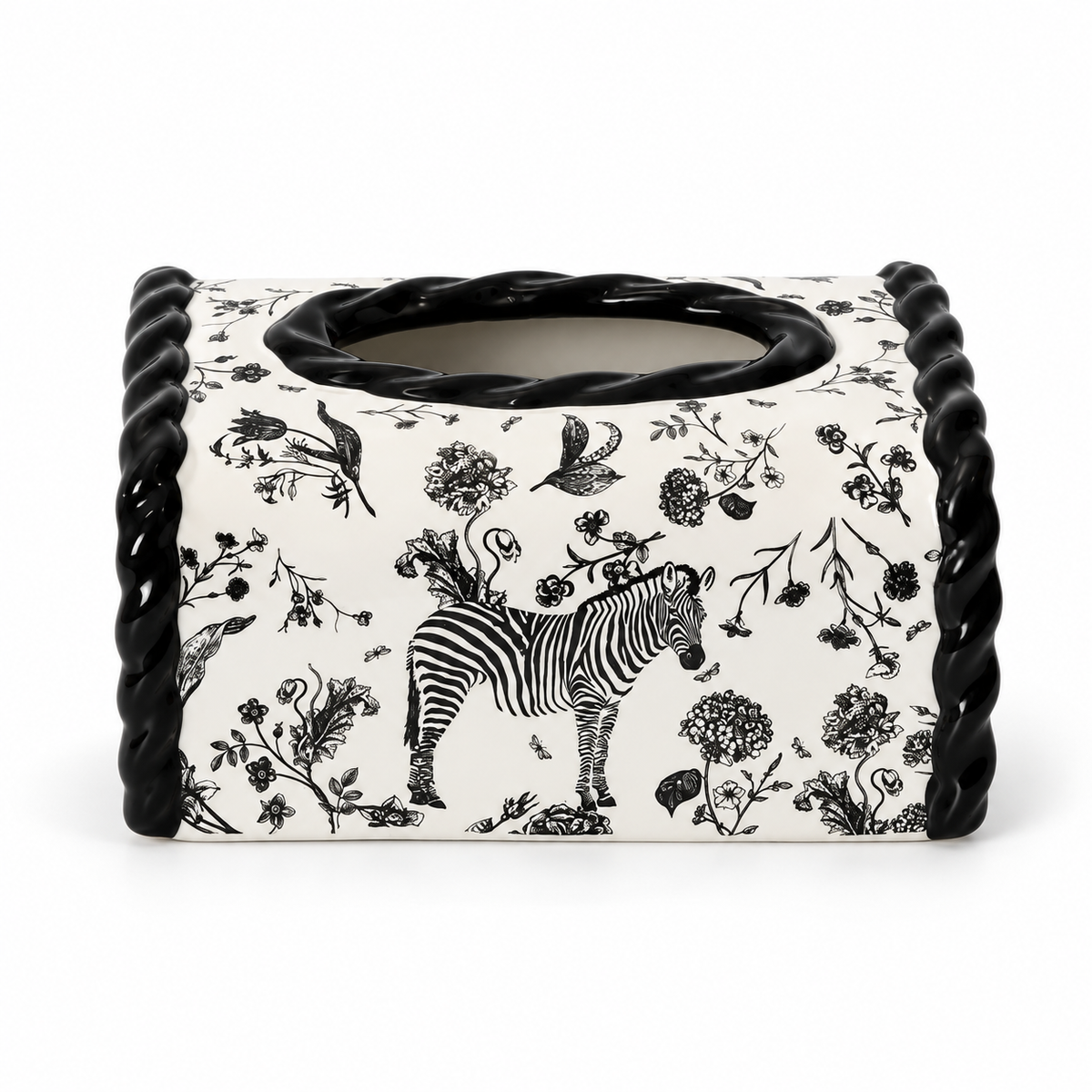 Zebra Motif ceramic tissue box cover with black glazed edges and black zebra illustration on a white background.