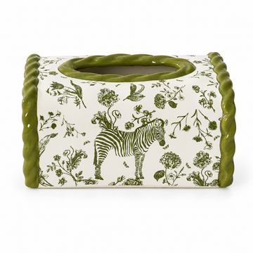 Zebra Motif ceramic tissue box cover in moss green, with olive glazed edges and one zebra print on a white background.