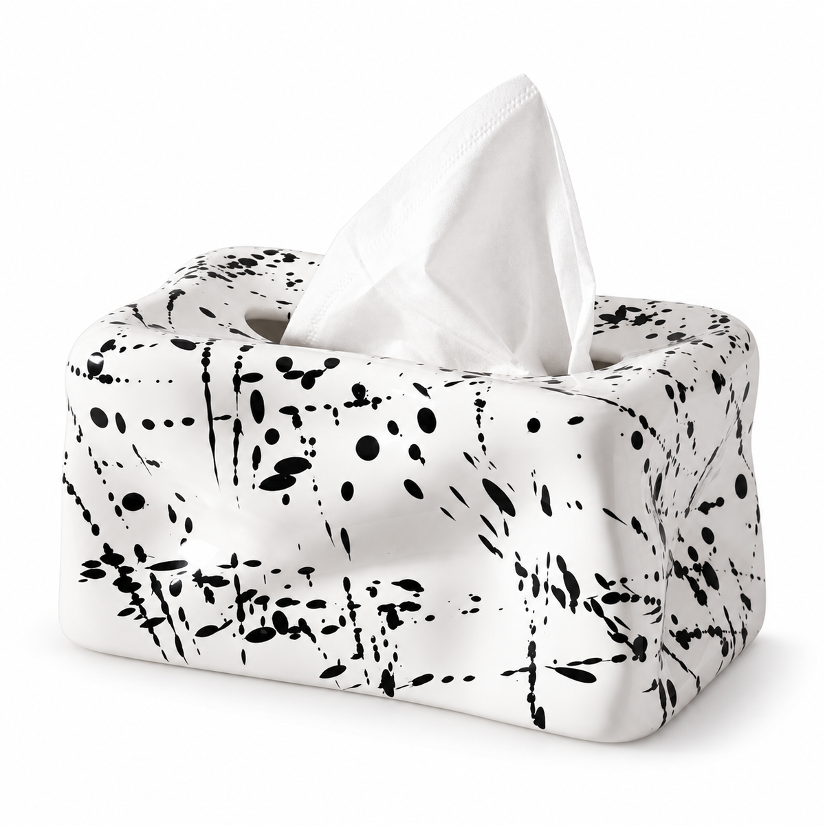 Ink White glossy ceramic tissue cover with irregular black flecks on a white background.
