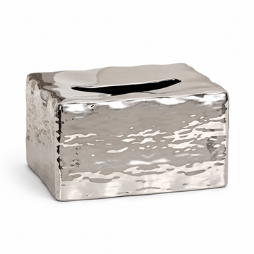Liquid Mirror Silver ceramic tissue box cover with rippled reflective sides and one top opening on a white background.
