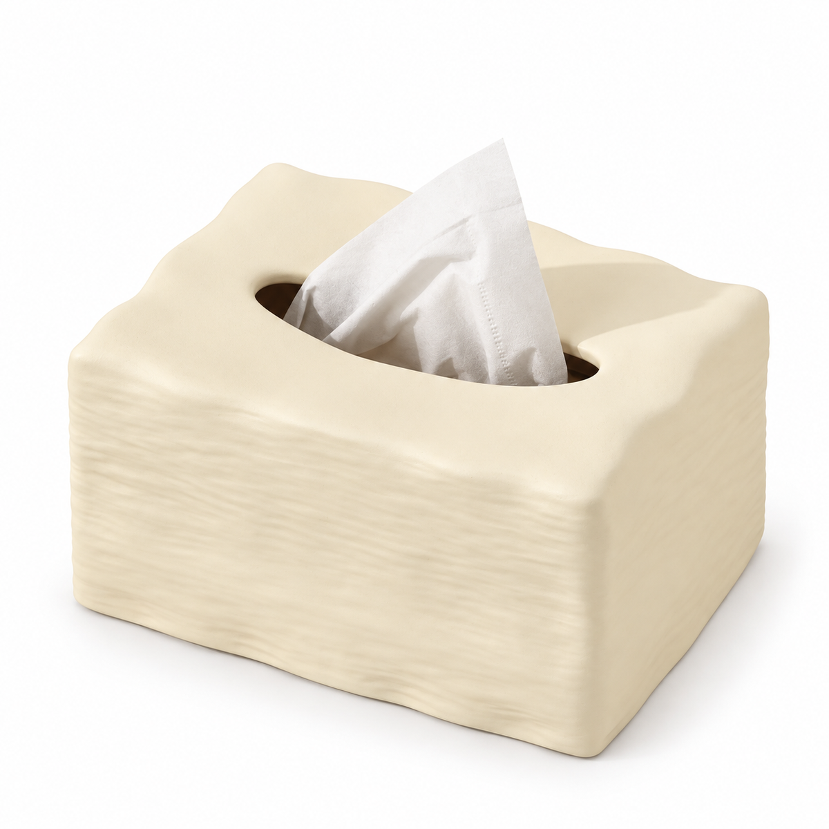 Matte Butter Cream ceramic tissue box cover with a softened top and subtle horizontal striations on a white background.