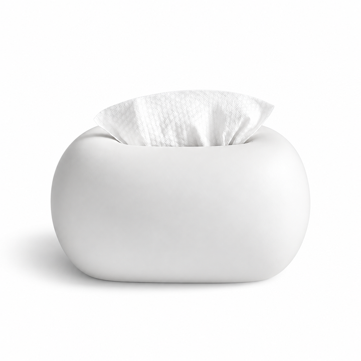 Matte Cloud White pebble-shaped ceramic tissue box cover on a white background