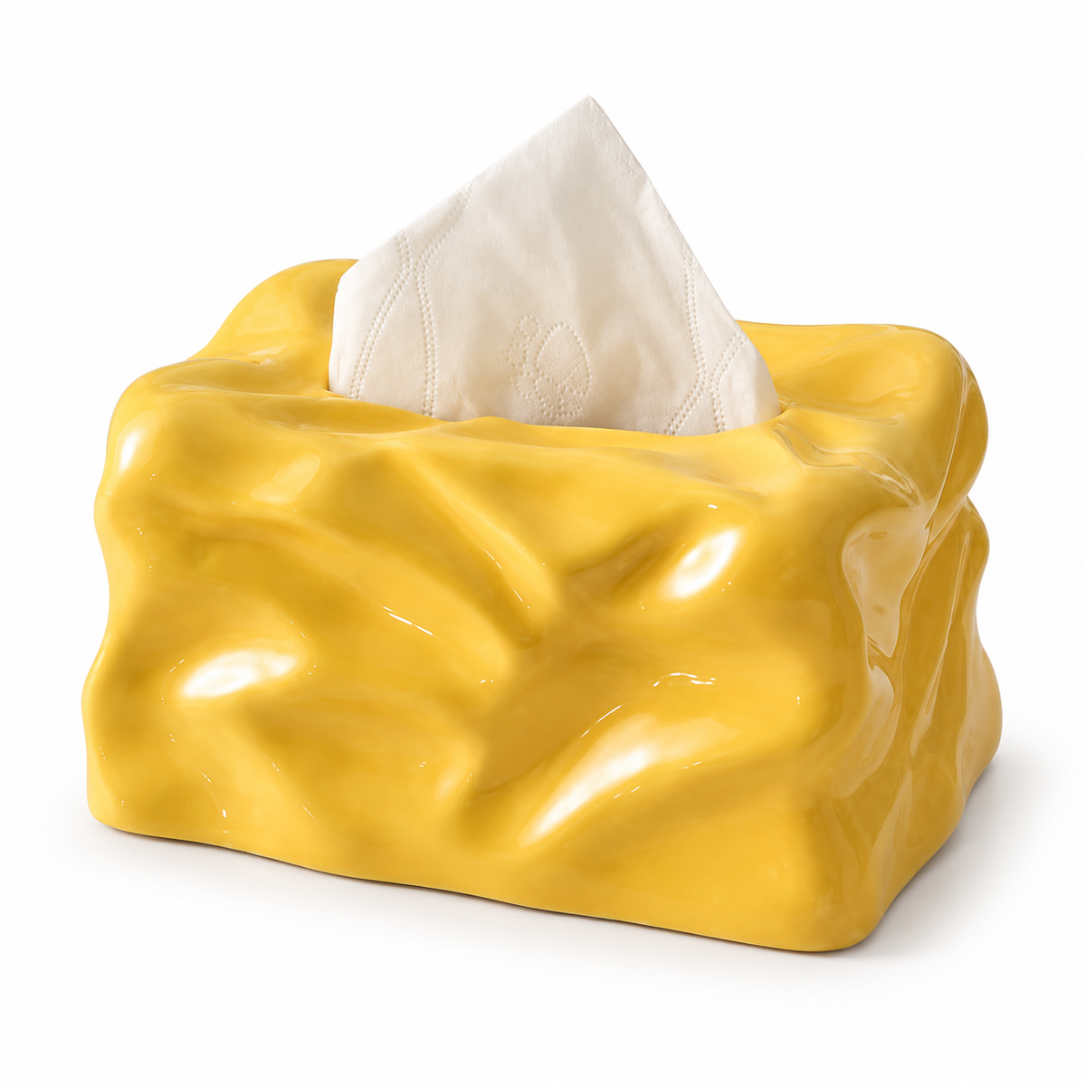 Butter-yellow crinkled-paper ceramic tissue box cover with a glossy finish