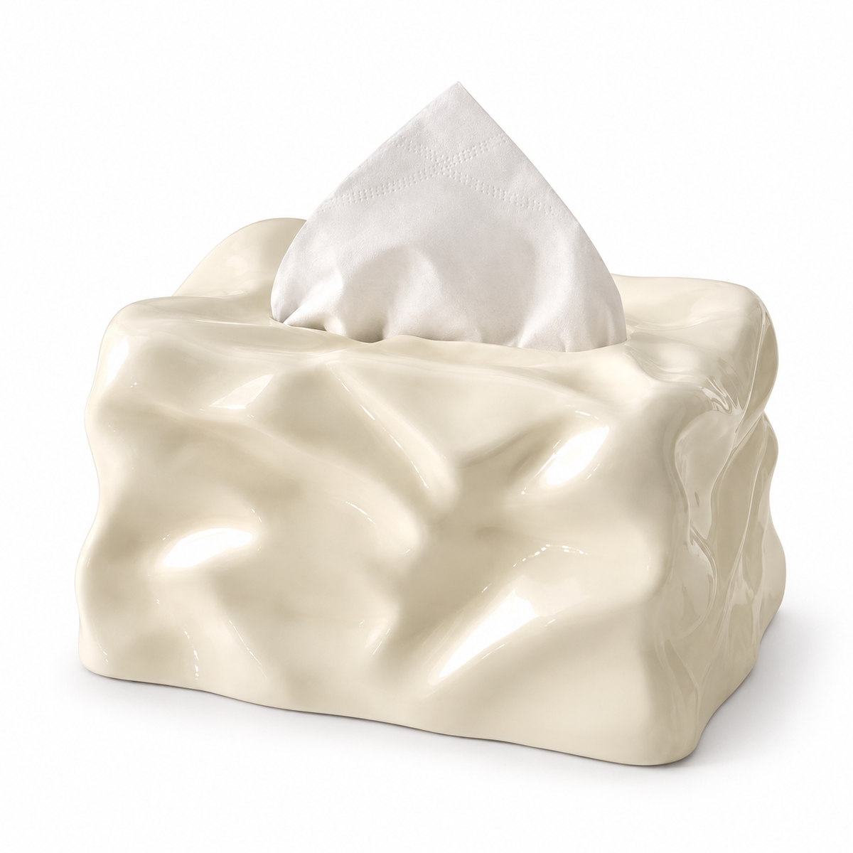 Milk-white crinkled-paper ceramic tissue box cover with a glossy finish