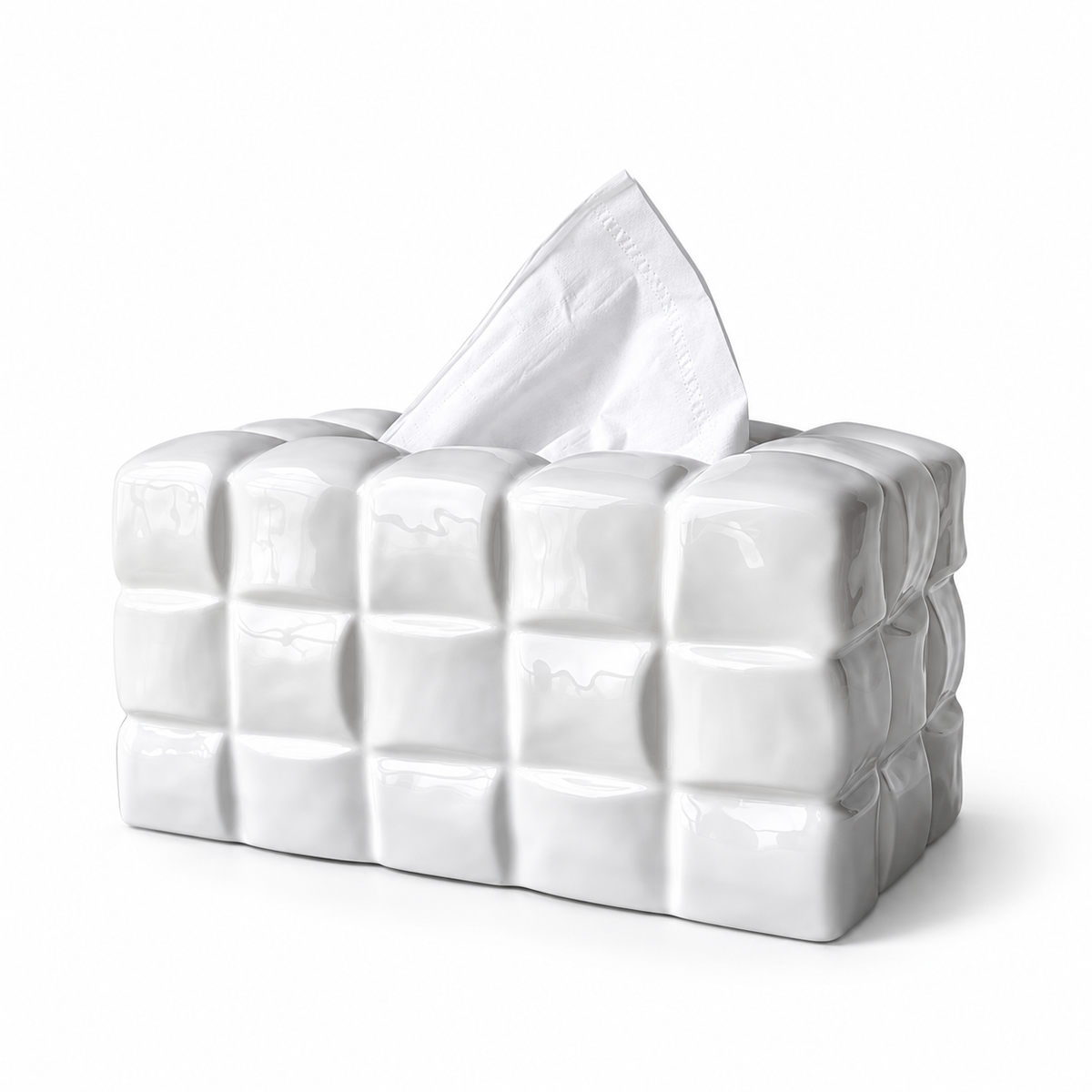 Glossy Ceramic White Waffle Grid tissue box cover with five rounded blocks across and three rows on a white background.