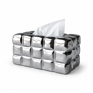Mirror Chrome Silver Waffle Grid ceramic tissue cover, five rounded blocks across and three rows, on a white background.