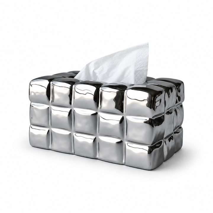 Mirror Chrome Silver Waffle Grid ceramic tissue cover, five rounded blocks across and three rows, on a white background.