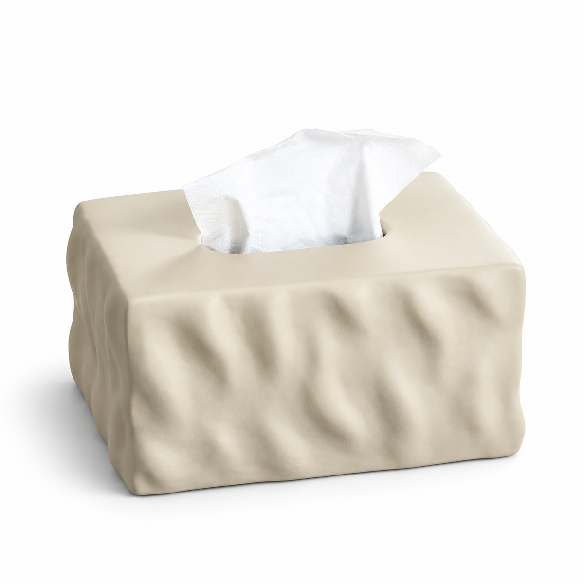 Soft Mocha wavy ceramic tissue box cover in light warm beige with irregular folded sides.
