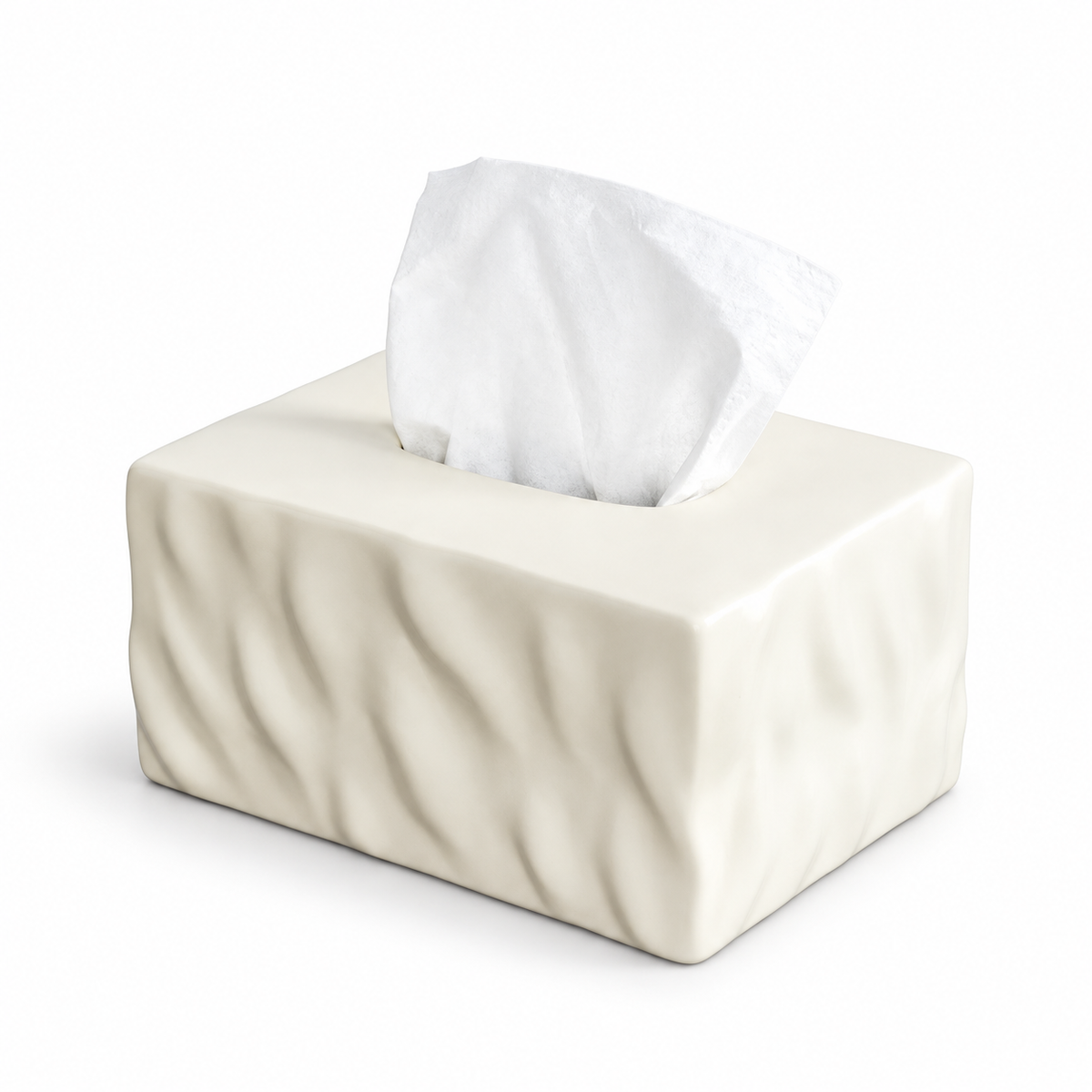 Warm Ecru wavy ceramic tissue box cover with ivory folded sides on a white background.