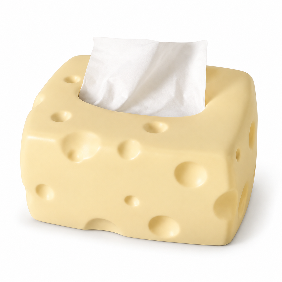 Pale-yellow ceramic tissue box cover shaped like a cheese block, with shallow dimples and a white tissue.