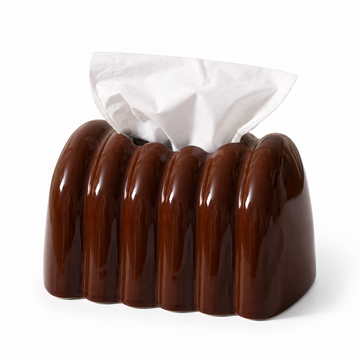 Glazed Amber Brown ceramic tissue box cover with broad rounded arches on a white background.