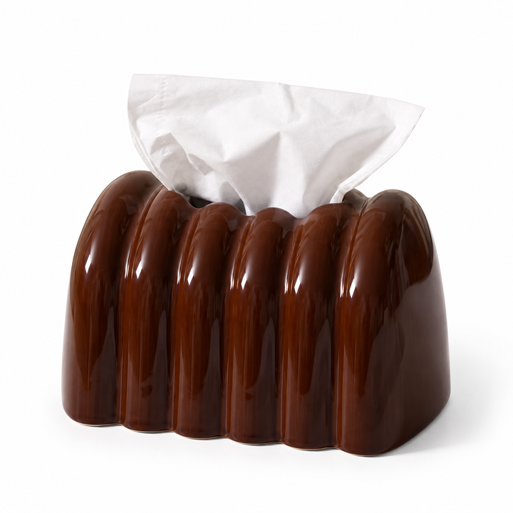 Glazed Amber Brown ceramic tissue box cover with broad rounded arches on a white background.
