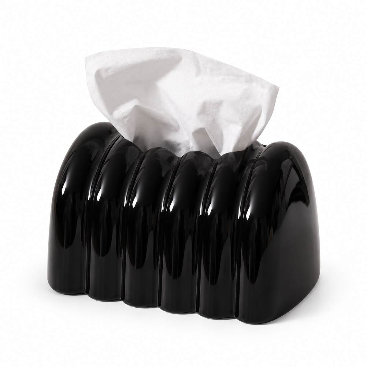 Polished Obsidian ceramic tissue box cover with broad glossy black arches on a white background.