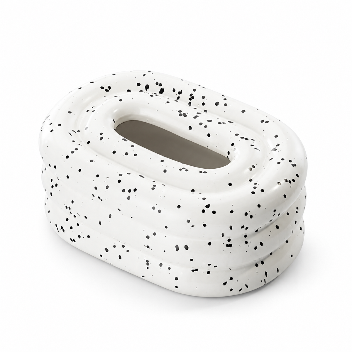 Ink-Speckled Pearl ceramic tissue box cover with rounded tiers and an oval top opening on a white background.