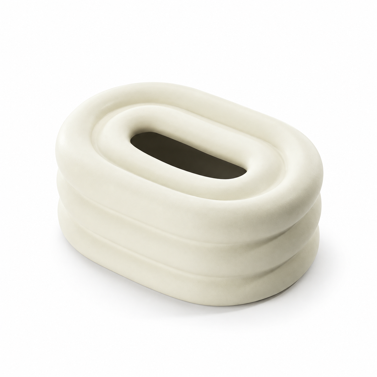 Matte Alabaster ceramic tissue box cover with three rounded tiers and an oval top opening.