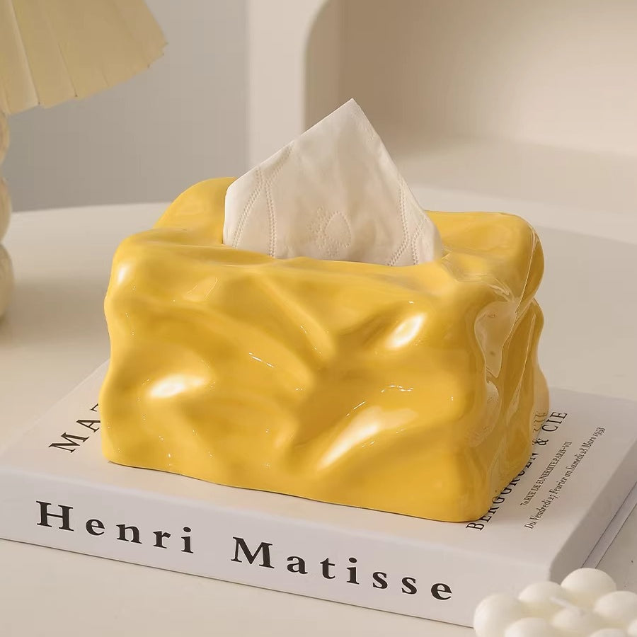 Sculptural "Crinkled Paper" Ceramic Tissue Box | Modern Art Decor