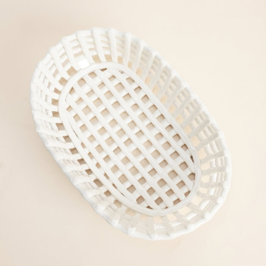Sculptural Woven Oval Ceramic Basket | Artisanal Lattice Decor