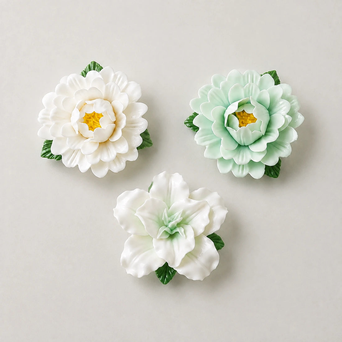 Sage & Ivory ceramic magnet trio: white and pale-green peonies with a pale-green lily.