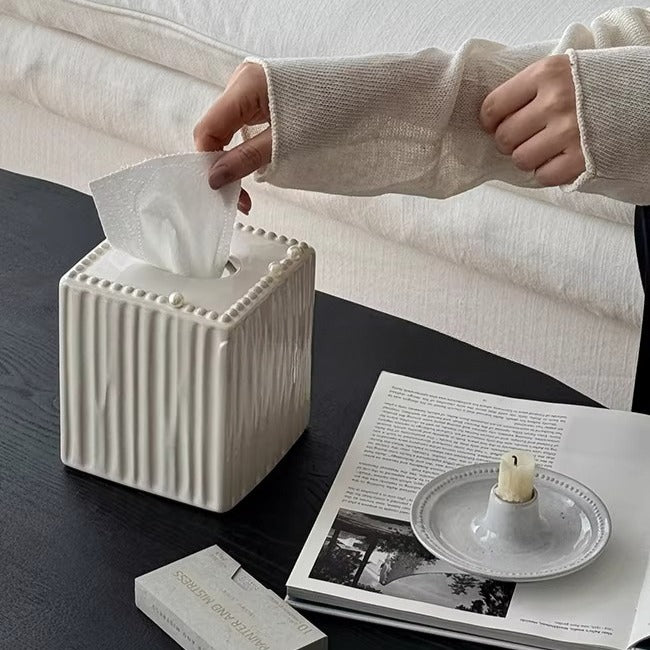Fluted Beaded Ceramic Tissue Box | Neoclassical Pearl Decor