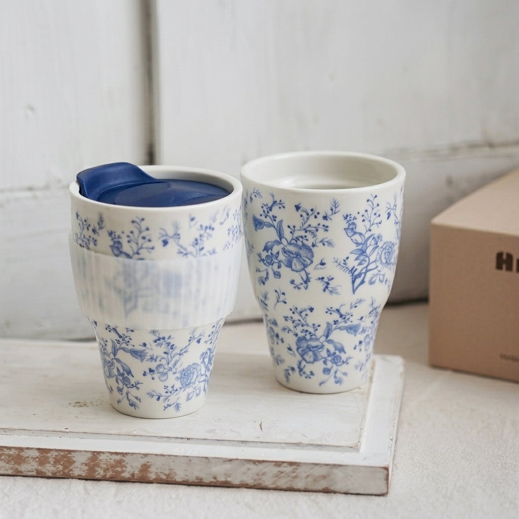 Azure Botanical Ceramic Travel Vessel | Chinoiserie Inspired Decor