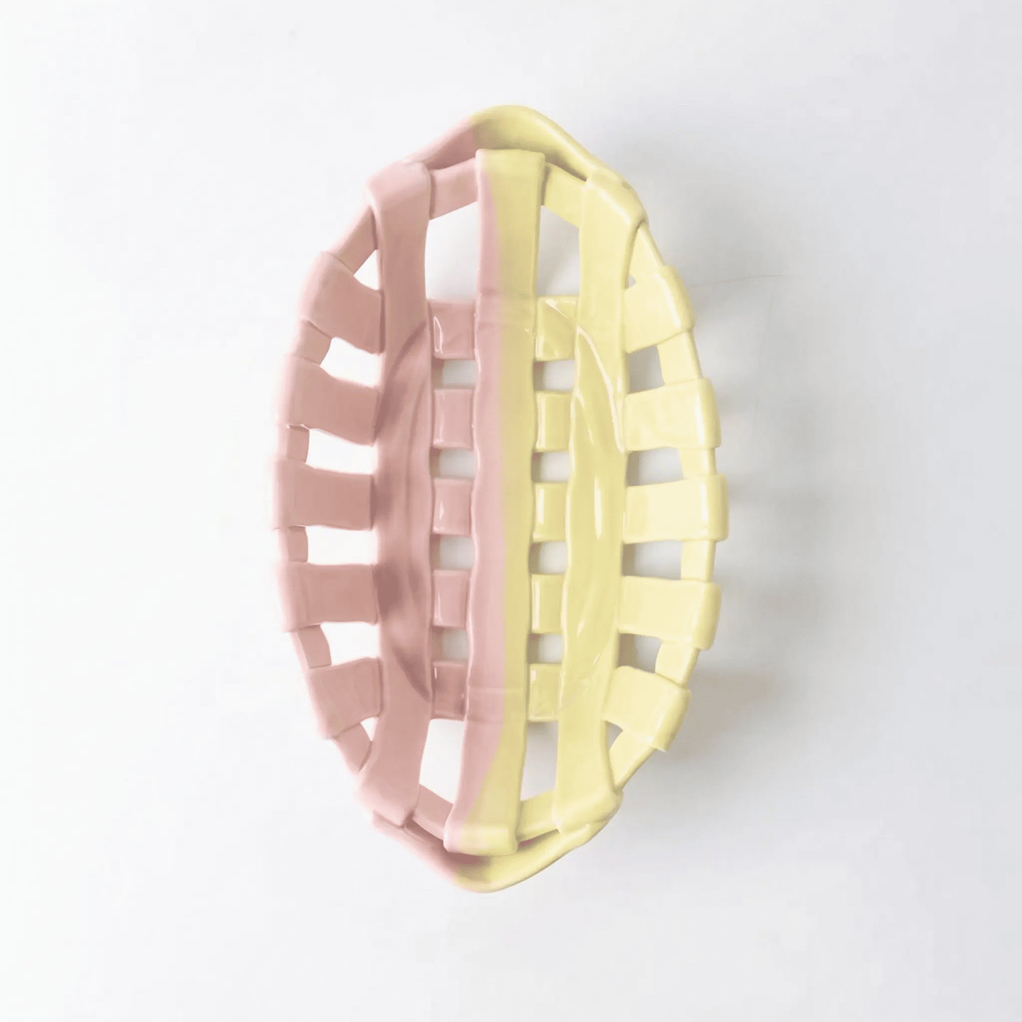 Artisanal Two-Tone Woven Ceramic Basket | Pink & Yellow Gradient Fruit Bowl